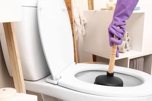 A close-up of a hand using a plunger in a clogged toilet.